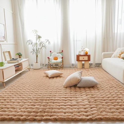 Coffee Rabbit Plush Area Rug for Bedroom Living Room Sofa,6'X9' Faux Fur Fluffy Shaggy Rectangular Square Rug for Kids Teen Girls Room,Furry Carpet Rug for Nursery Baby Room Decor for Teenage
