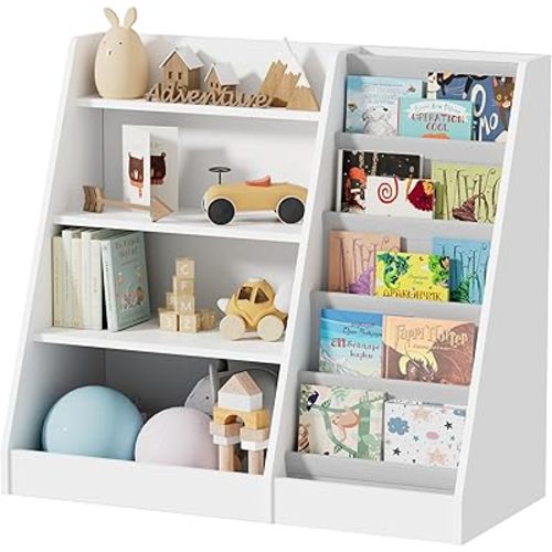 Mr IRONSTONE Kids Bookshelf and Toy Storage, 4 Tier Wooden Kids Bookcase with 5 Layer Sling Book Shelf for Kids Rooms, Classroom, Bedroom, Nursery Bookshelf for Baby, Children, Toddler