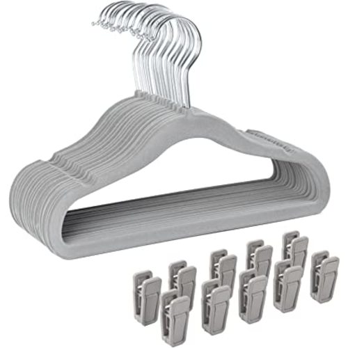 Finnhomy Non-Slip Clothes Hangers for Baby and Kids 30-Pack Velvet Hangers with 10 Finger Clips, Gray