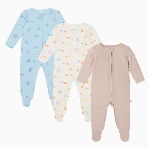 Little Fish, Turtles & Ribbed Clever Zip Baby Pajamas 3 Pack Ocean Print / Newborn
