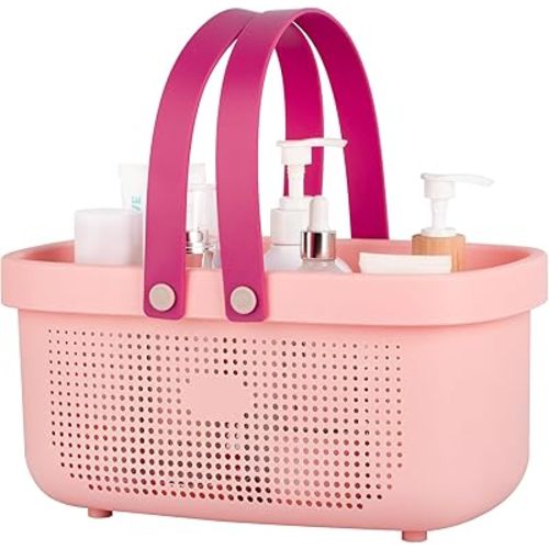 JiatuA Plastic Storage Basket with Handle Portable Shower Caddy Tote Organizer Basket Bin for Bathroom Kitchen Dorm Room Bedroom, Light Pink