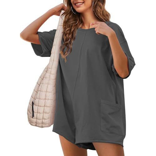 UANEO Rompers for Women Casual Oversized Athletic Jumpsuits Overalls Workout Hot Shot Tee Romper