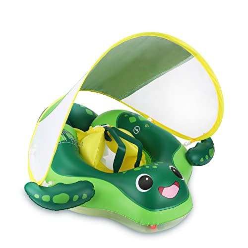 Sloosh Baby Swimming Floats with Removable Sun Canopy, Inflatable Baby Pool Float, Sea Turtle Design Infant Swim Float Ring Swimming Pool Accessories for Age 6-36 Months