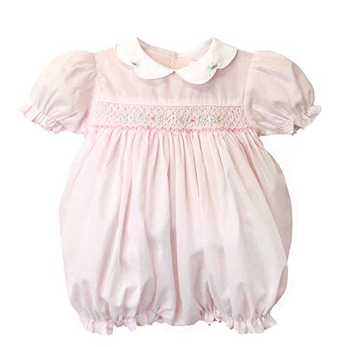 Petit Ami Baby Girls’ Hand Embroidered Smocked Bubble Romper, Pink