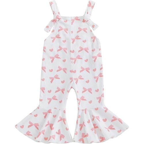 Toddler Girl Valentines Outfit Heart Bow Suspender Romper Jumpsuit Overalls Bell Bottom Pants Spring Fall Clothes