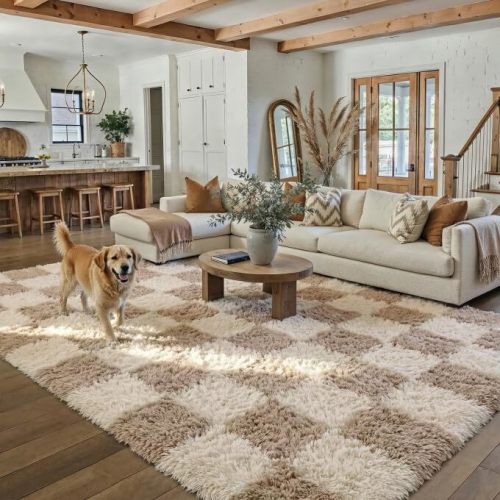 PureCozy Beige 5x8 Area Rugs for Living Room Soft Shag Checkered Large Rug Modern Washable Indoor Office Fuzzy Carpet Non-Slip Fluffy Rugs for Bedroom Nursery Dorm Playroom Home Aesthetic Decor