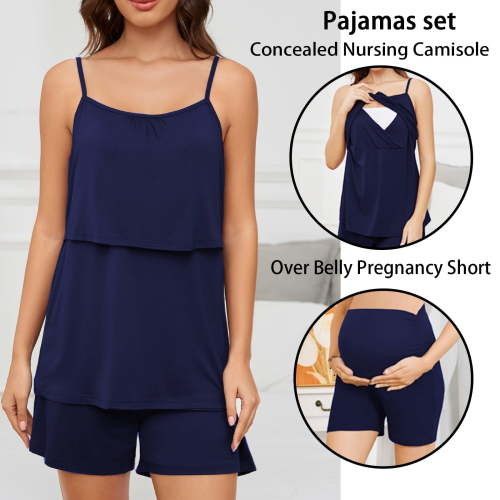 Beaisland 2 PCS Women's Maternity Nursing Pajamas Set Breastfeeding Sleepwear Camisole & Shorts Pregnancy Pjs