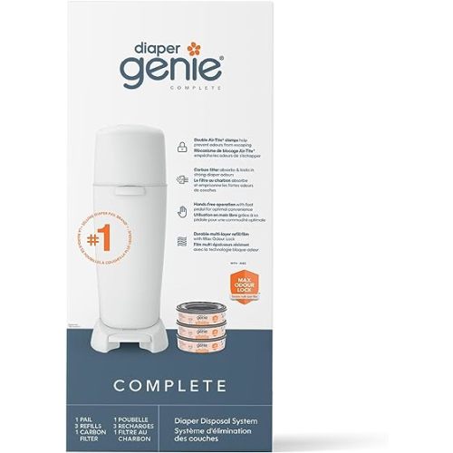 Playtex Diaper Genie Complete Pail with Built in Odor Control, Includes Pail and 3 Clean Laundry Scent Refills, White Pail