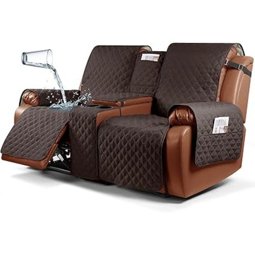 Ruaozz Waterproof Recliner Loveseat Cover with Console Non-Slip Couch Covers for Reclining Couches Pet Cover for Double Recliner Sofa Cover with Elastic Straps for Kid Dogs Pets (Chocolate, 2 Seater)