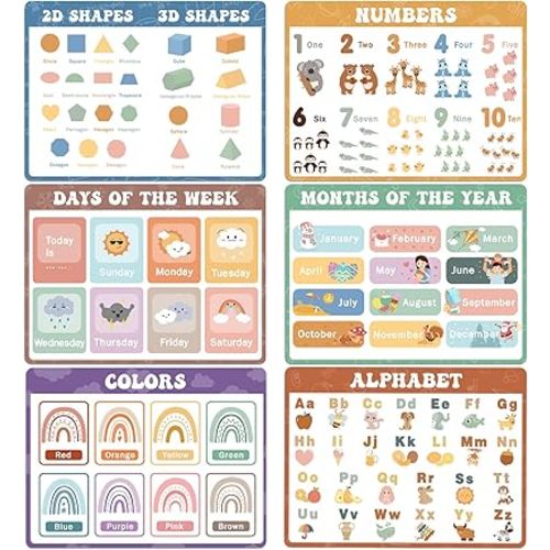 Educational Preschool Placemats for Kids Set of 6 Boho Toddler Plastic Placemat Reusable Washable Children Montessori Eat Table Mat for Homeschool Nursery Kindergarten Classroom Dining Table