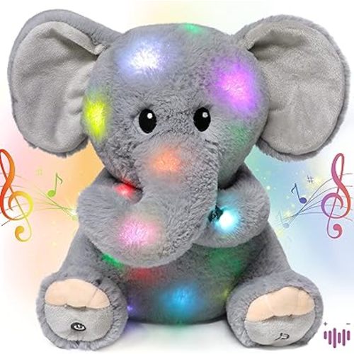Hopearl LED Musical Stuffed Elephant Lighting Up Singing Plush Toy Adjustable Volume Lullaby Animated Soothe Birthday Festival for Kids Toddler Girls, Gray, 11''