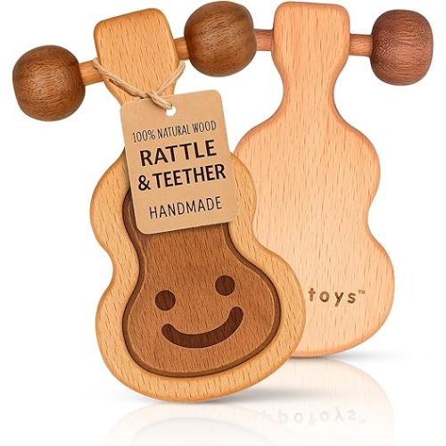 HippoToys Handmade Wooden Baby Rattle & Teether – Montessori Infant Toy (0-12 Months) – 100% Natural Wood – A Perfect Gift for Newborns