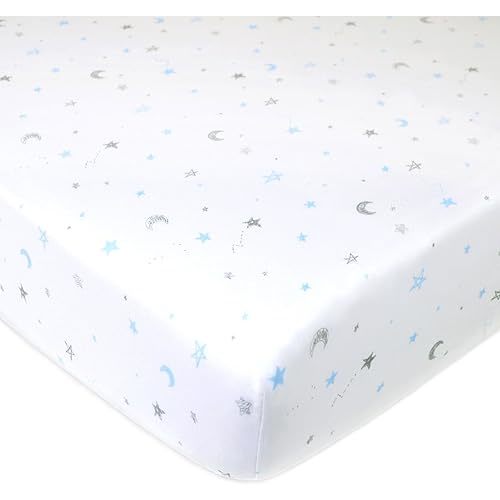 American Baby Company Fitted Crib Sheet 28" x 52", Soft Breathable Neutral 100% Cotton Jersey Sheet, Blue Stars and Moons, for Boys and Girls, Fits Crib and Toddler Bed mattresses