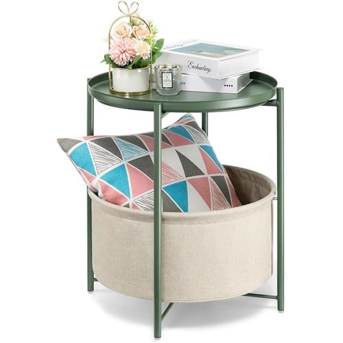 danpinera Round Side Table with Fabric Storage Basket, Metal Side Table Small Bedside Table Nightstand with Removable Tray for Living Room, Bedroom, Nursery, Dark Green