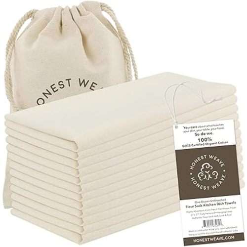 ✨GOTS Certified 100% Organic Flour Sack Cotton Kitchen Hand and Dish Towel Sets - Extra Large 27x27 inches, Fully Hemmed, 12-Pack, Natural Tan