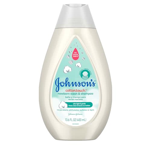 Johnson's CottonTouch Newborn Baby Body Wash & Shampoo, Gentle & Tear-Free, Made with Real Cotton, Gently Washes Away Dirt & Germs, Sulfate- & Paraben-Free for Sensitive Skin, 13.6 fl. oz