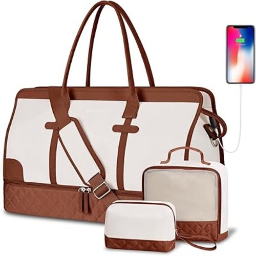 ETRONIK Weekender Overnight Bag for Women, Large Travel Duffle Bag with Shoe Compartment & Wet Pocket, Carry On Tote Bag Gym Duffel Bag with Toiletry Bag for Hospital 4 Pcs Set, XL Size, Beige-Brown