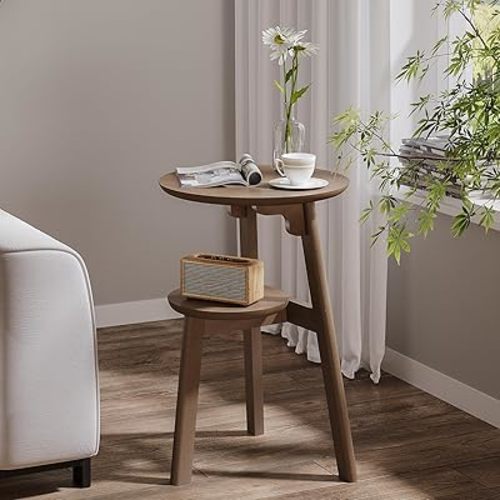 ChooChoo Round End Table for Small Spaces, Narrow Side Table, Accent Table Night Stand with 2 Tier Shelf for Bedroom and Living Room, Walnut
