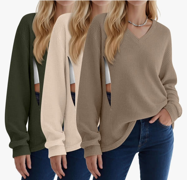 3 Pack Women's Oversized Nursing Tops Waffle Knit V Neck Breastfeeding Long Sleeve Shirts Hidden Zipper Sweatshirt