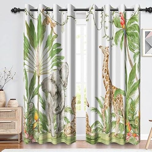 Renaiss African Tropical Animals Blackout Curtains for Bedroom Jungle Forest Palm Tree Safari Wildlife Animal Elephant Giraffe Thermal Insulated Window Drapes Room Decor 2 Panels Set, 42x63 Inch