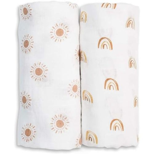 lulujo Boho Swaddle Set, Cotton Muslin Blankets, 2 Pack (Rainbows & Suns)