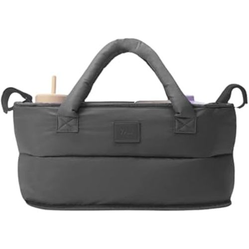 7 A.M. Universal Stroller Organizer Bag - Easy Grab Top Handles, Stroller Caddy with Cup Holder, 3 Open Compartments, Adjustable Stroller Straps & Zippered Wallet Pocket (Smokey)