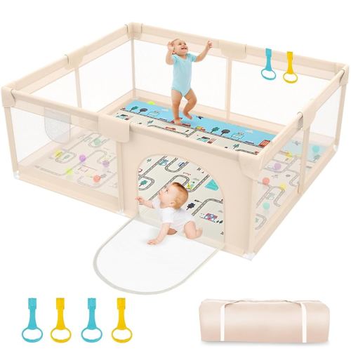Baby Playpen with Mat 79x71inch - Extra Large Play Pen for Babies and Toddlers Indoor & Outdoor Baby Playard with Soft Breathable Mesh Cover - Sturdy Foam Infant Gate Playpen(Apricot)