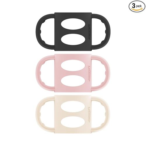 Dr. Brown's Narrow Baby Bottle Handles, 100% Silicone, Easy Grip Removable Handles for Bottle to Sippy Cup Transition, Black/Ecru/Pink, 3-Pack, 4m+