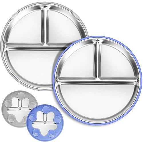 Dualshine 2 Pack Stainless Steel Kids Plates, 9’’ Divided Baby Plates with Suction, Removable Toddler Plates with Silicone Sleeve, Non Toxic & BPA Free, Dishwasher & Microwave Safe