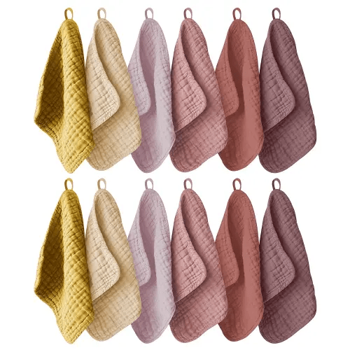 12 Pack Muslin Washcloths for Baby - 100% Cotton Baby Wash Cloths for or Baby Face Body Comfy and Soft for Newborn Infants Kids Girls and Boys - 12"x12" - Brown, Honey and Bean Paste Series