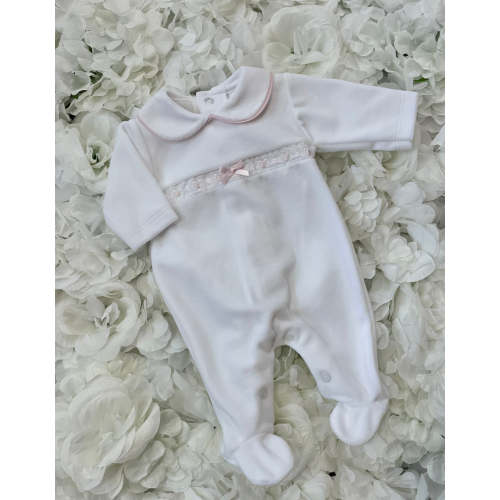 White & Pink Bow Velour Babygrow