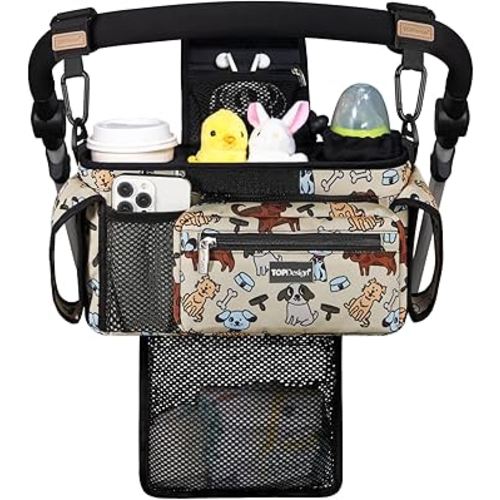 TOPDesign Universal Baby Stroller Organizer, Stroller Caddy with Detachable Mesh Bag & Heightened Insulated Cup Holders & Non-Slip Secure Hooks Accessories, Fits Most Strollers (Dogs)