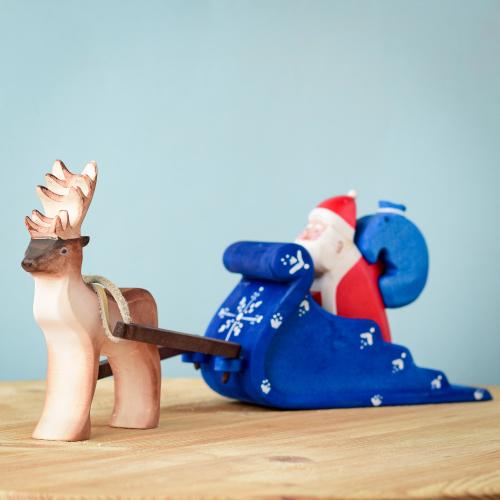 Handmade Wooden Santa Claus with Sleigh and Reindeer Set | Non-toxic Painted Waldorf Toy