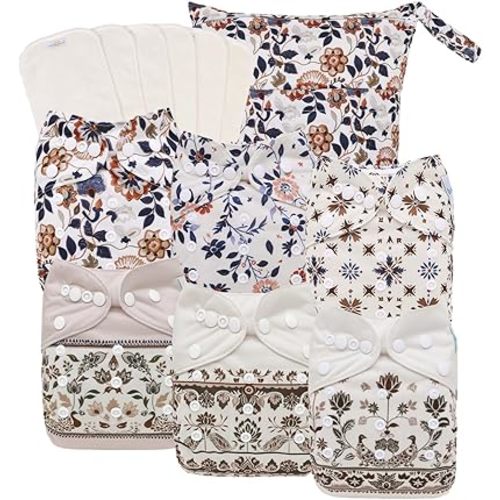 babygoal Boho Cloth Diapers Pack of 13, Baby Reusable Washable Pocket Nappy, 6pcs Diapers+6pcs Rayon from Bamboo Inserts+Wet Bag,6FG49-MB-B