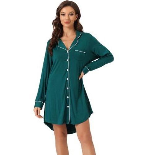 Cheibear Women's Long Sleeve Notched Lapel Button Down Lounge Nightshirt Gray Large