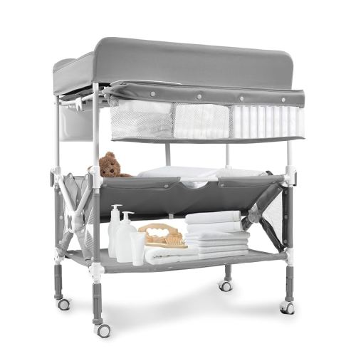 Portable Foldable Baby Changing Table Dresser Waterproof Diaper Changing Station with Wheels, Adjustable Height Changing Table Station Mobile Nursery Organizer for Newborn and Infant, Grey