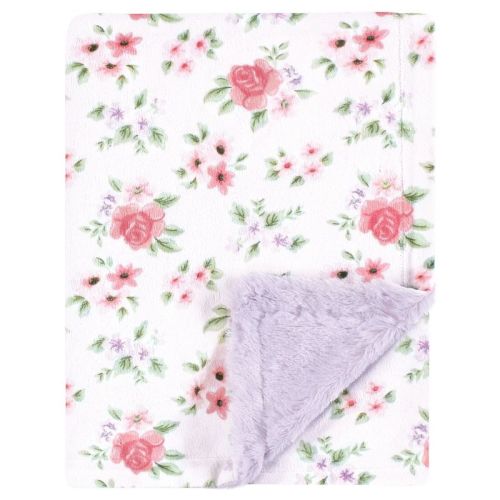 Hudson Baby Infant Girl Plush Blanket with Furry Binding and Back, Vintage Floral, One Size