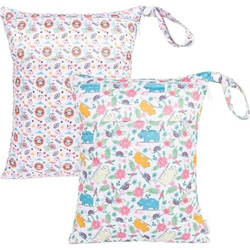 ALVABABY 2pcs Cloth Diaper Wet Dry Bags Waterproof Reusable with Two Zippered Pockets Travel Beach Pool Daycare Soiled Baby Items Yoga Gym Bag for Swimsuits or Wet Clothes LX-YX114116