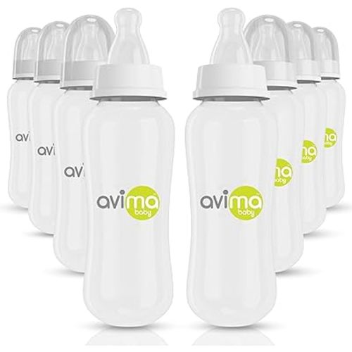 Avima 10 oz Anti Colic Baby Bottle Set - Medium Flow Nipples Included, Standard Neck, BPA Free - 3-6 Months, Stage 2 Feeding for Gas, Spit Up & Colic (Set of 8)