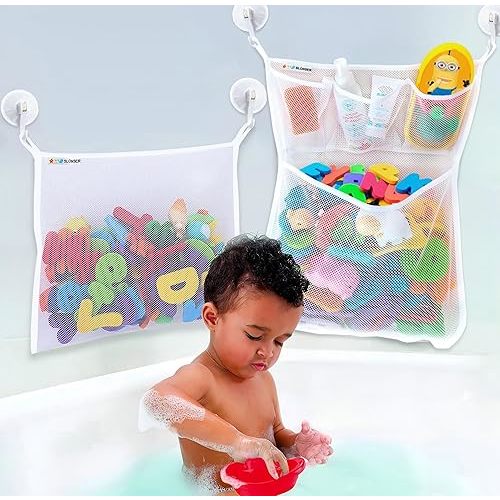 2 x Large Bath Toy Holder, Kids Bath Tub Toy Basket, Corner Mesh Bag, Baby Bathtub Storage Organizer, Bathroom Net Bucket, Toddler Shower Caddy Hanging Bin with 6 Suction Cups, 4 Adhesive Wall Hooks