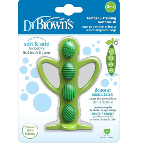 Dr. Brown's Peapod Teether + Training Toothbrush, Help Soothe Baby's Sore Gums, Soft 100% Silicone, BPA Free, 3m+