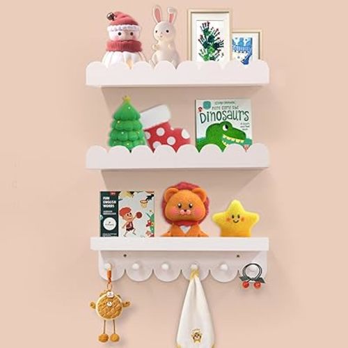Floating Nursery Book Shelves for Wall, 16'' Wood Book Shelf for Baby Boys Girls Bedroom Bathroom and Décor Storage, Wall Shelf for Books, Plants, Toys, Photo Frames (White, 3 Pack)