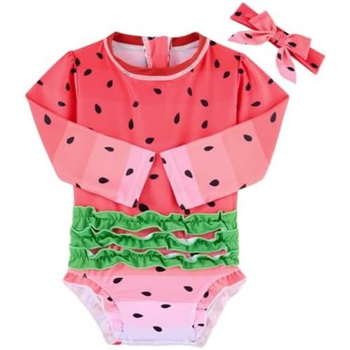 ADUKIDE Baby Girls Rash Guard Swimsuit Long Sleeve Ruffles Swimwear with Zipper UPF 50+ One Piece Beachwear Size 3-24 Months