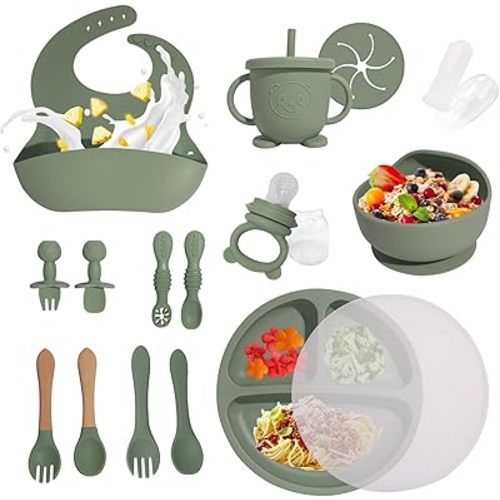17PCS Silicone Baby Feeding Set, Baby Led Weaning Supplies with Bib Cup Divided Plate and Bowl Self Feeding Spoons Forks Set, BPA-Free Baby Utensils, Toddler Feeding Supplies (Green)
