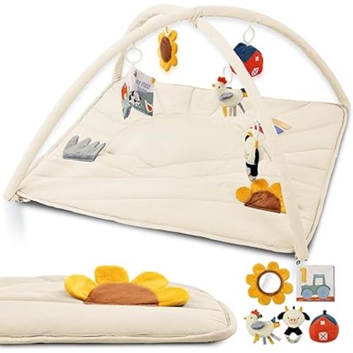 Beautiful Baby Play Gym and Tummy Time Mat - Soft Mat with 5 Farm Toys Creates The Perfect Activity Area for Your Girl/Boy - Stylish Infant Floor Playmat Fits Nicely with Any Playroom Decor