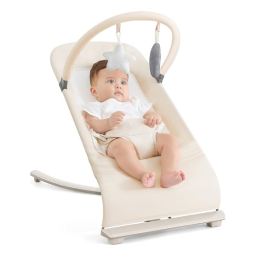 3-in-1 Portable Baby Bouncer & Rocker Chair for Newborn to Toddler - 4 Adjustable Recline Positions, Breathable Cotton Fabric, Natural Vibration, Supports Up to 33 lbs (Oatmeal Khaki)