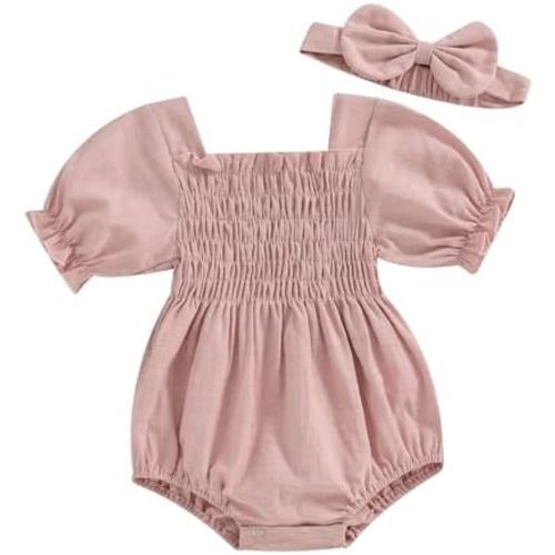 Infant Baby Girls Romper Ruffle Sleeve Pleated Smocked Bubble One Piece Ruched Jumpsuit Boho Summer Bodysuit