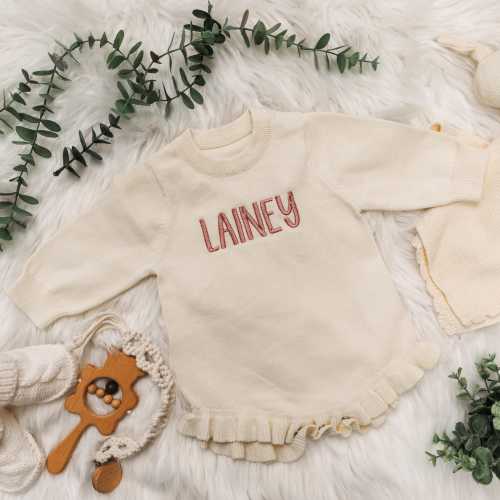 Keepsake Embroidered Knit Oversized Sweater Romper, Personalized Newborn Name Sweater Romper, Baby Infant Name, Embroidered Newborn Sweater