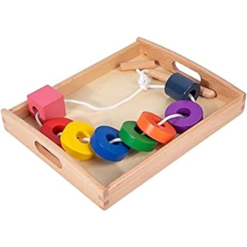 Adena Montessori Wooden Lacing with Tray Stringing Bead Set Toy,Montessori Wooden Beads Shape Sequencing Set for 1 2 3 Year Old Toddler,Fine Motor Skills Preschool Educational Learning for Kids Gifts