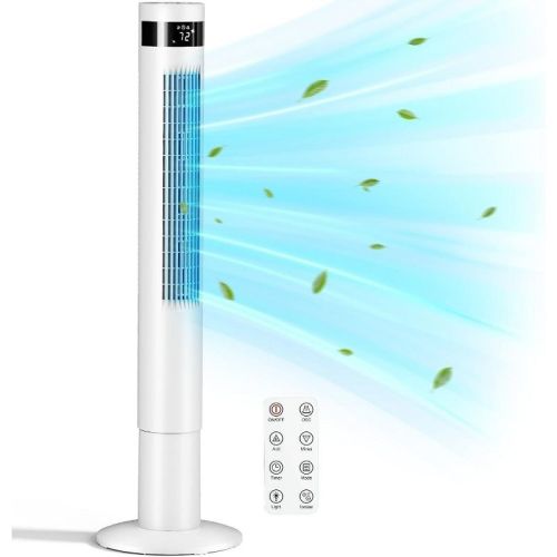 R.W.FLAME 43-Inch Tower Fan, Quiet Bladeless Oscillating Fan with Remote Control, 3-Speed Settings, Built in 12h Timer LED Display Compact Fans,WHITE